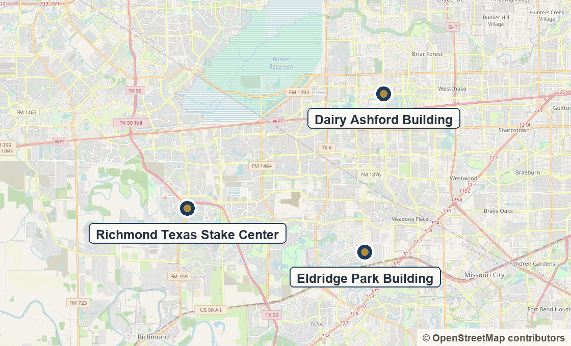 Mapa del oeste de Houston y el condado de Fort Bend que señala los tres centros de reuniones de la estaca: el Centro de Estaca Richmond Texas, el Edificio Dairy Ashford y el Edificio Eldridge Park.